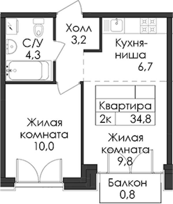 1-комнатная квартира 34.8 м², 4/9 эт., ЖК «Лермонтовский 54»